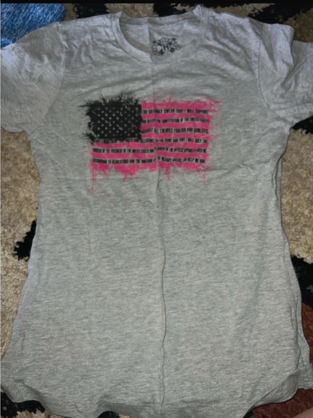 Girls' Gray Short Sleeve Tee with Black & Pink Flag Graphic